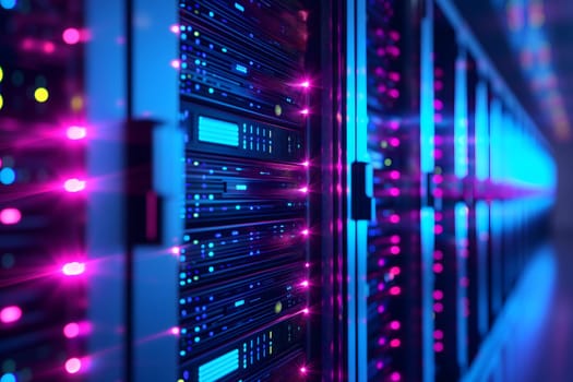 Server room with neon high contrast lighting. Neural network generated image. Not based on any actual scene or pattern.