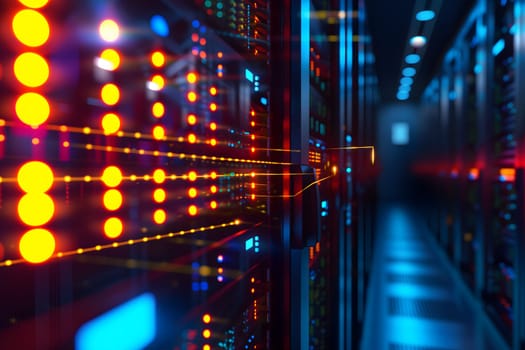 Server room with neon high contrast lighting. Neural network generated image. Not based on any actual scene or pattern.