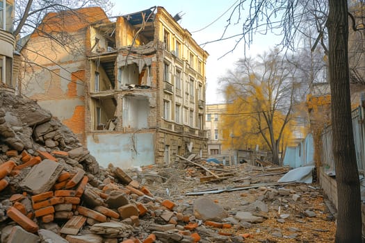 Ruined houses street after war. Neural network generated image. Not based on any actual scene or pattern.