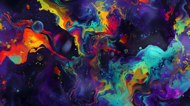 Saturated colorful mad abstract background, random different shapes and objects, hallucinations of ancient shaman after mushroom overdose. Neural network generated image. Not based on any actual scene or pattern.