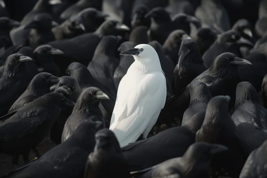 A white crow among many black crows. Neural network generated image. Not based on any actual scene or pattern.