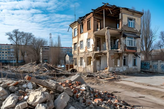 Ruined houses street after war. Neural network generated image. Not based on any actual scene or pattern.
