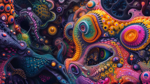 Saturated colorful mad abstract background, random different shapes and objects, hallucinations of ancient shaman after mushroom overdose. Neural network generated image. Not based on any actual scene or pattern.