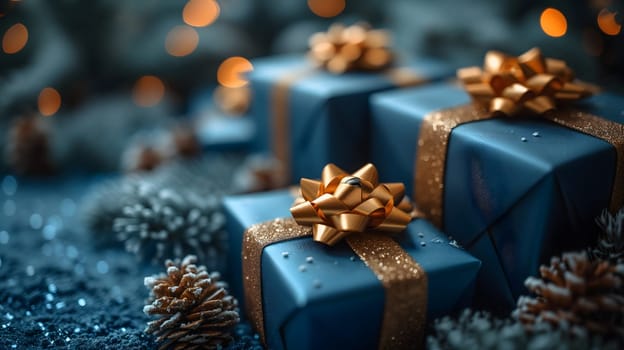 Blue Christmas gift boxes with a gold bow for holiday background. Neural network generated image. Not based on any actual scene or pattern.