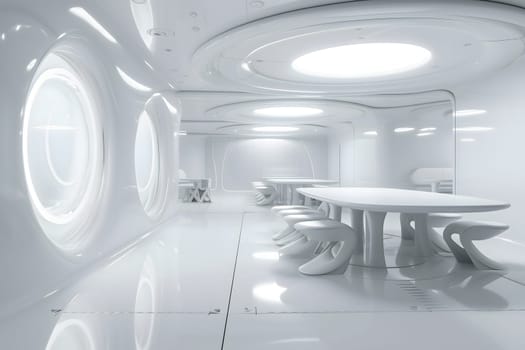 futuristic clean white space station style interior of dining room. Neural network generated image. Not based on any actual scene or pattern.