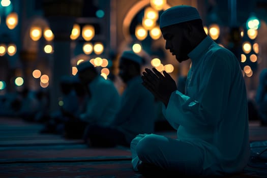 Muslim prayers praying at Ramadan night with selective focus. Neural network generated in January 2024. Not based on any actual scene or pattern.