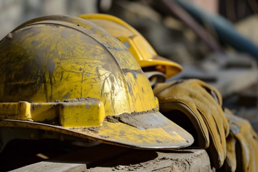 Old yellow hard hat at construction site. Neural network generated image. Not based on any actual scene or pattern.