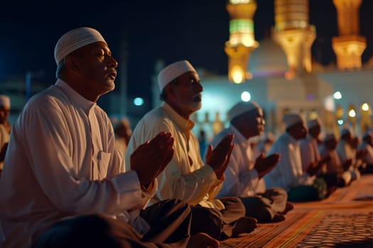 Muslim prayers praying at Ramadan night with selective focus. Neural network generated in January 2024. Not based on any actual scene or pattern.