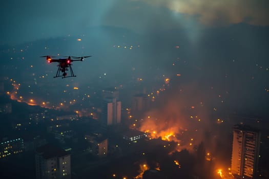 Copter drone over burning city at night. Neural network generated image. Not based on any actual scene or pattern.