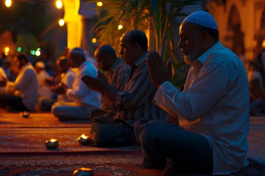 Muslim prayers in white clothes sitting in a mosque at Ramadan night with selective focus. Neural network generated in January 2024. Not based on any actual scene or pattern.