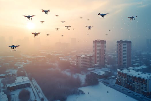 group of drones over city at winter morning or evening. Neural network generated image. Not based on any actual scene or pattern.