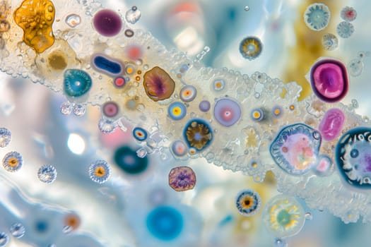 Diverse colorful abstract microbiome, containing many different types of microorganisms. Neural network generated in January 2024. Not based on any actual scene or pattern.