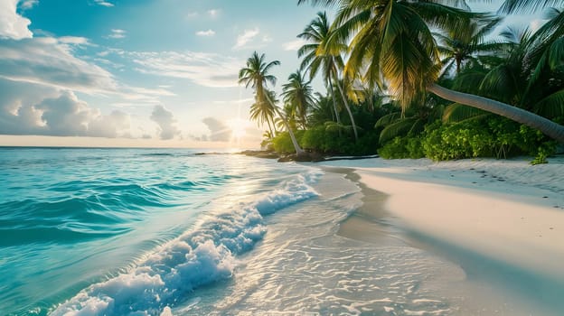 tropical beach view at sunny morning with white sand, turquoise water and palm tree. Neural network generated image. Not based on any actual scene or pattern.