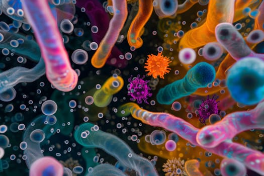 Diverse colorful abstract microbiome, containing many different types of microorganisms. Neural network generated in January 2024. Not based on any actual scene or pattern.