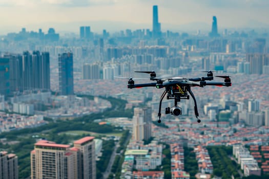 Flying drone above the city at summer morning. Neural network generated image. Not based on any actual scene or pattern.