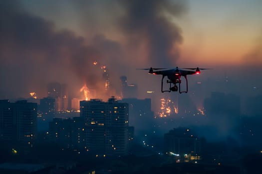 Copter drone over city with smoke at night. Neural network generated image. Not based on any actual scene or pattern.