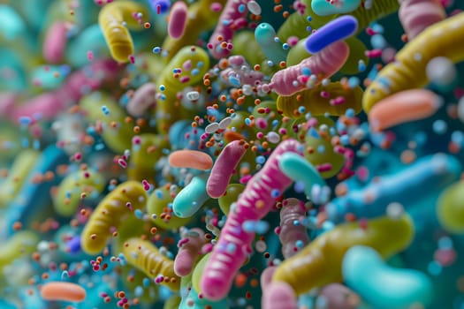 Diverse colorful abstract microbiome, containing many different types of microorganisms. Neural network generated in January 2024. Not based on any actual scene or pattern.