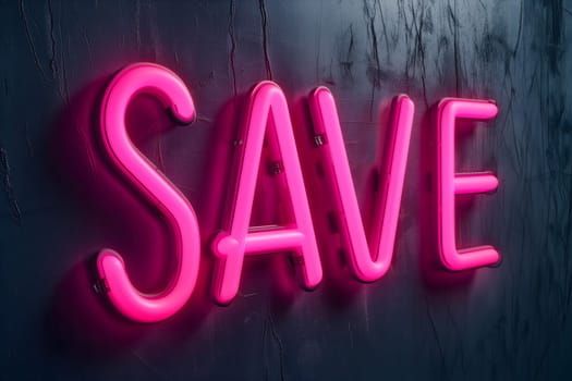 Neon word save on dark shabby wall. Neural network generated image. Not based on any actual scene or pattern.