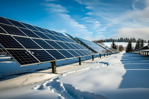Photovoltaic solar panels in the field at sunny winter day. Neural network generated in January 2024. Not based on any actual scene or pattern.