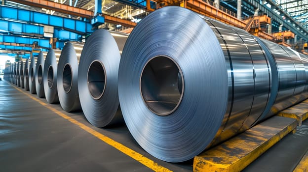 Packed rolls of steel sheet, Cold rolled steel coils in a warehouse. Neural network generated image. Not based on any actual person or scene.