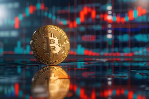 Bitcoin shiner in front of blurry trading charts screen. Dark appearance. Neural network generated image. Not based on any actual scene or pattern.