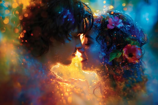 Man and woman embracing in surreal, colorful liquid fantasy dreamscape. Neural network generated image. Not based on any actual person or scene.
