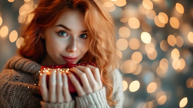 Beautiful redhead young adult woman with gift for Valentines Day with bokeh at background. Neural network generated image. Not based on any actual person or scene.