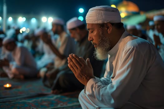Muslim prayers praying at Ramadan night with selective focus. Neural network generated in January 2024. Not based on any actual scene or pattern.