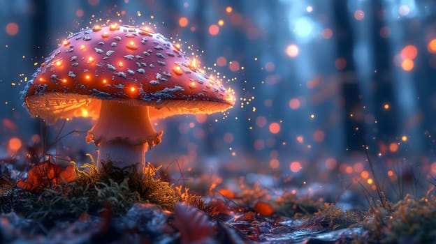 Magical mushroom in fantasy enchanted fairy tale forest. Neural network generated in January 2024. Not based on any actual scene or pattern.