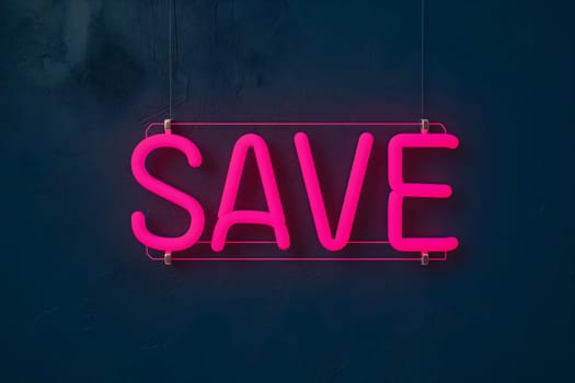 Neon word save on dark shabby wall. Neural network generated image. Not based on any actual scene or pattern.