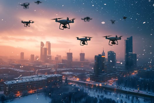 group of drones over city at winter sunset or sunrise. Neural network generated image. Not based on any actual scene or pattern.