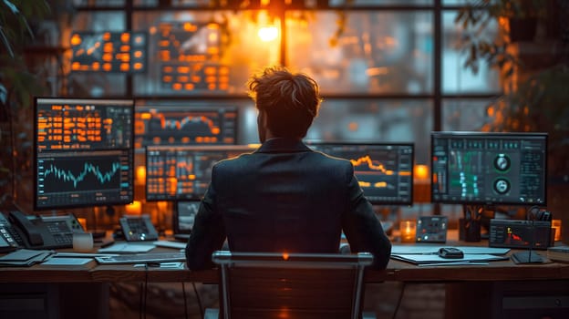 Back view of a financial analyst day trader working on computer with many screens that shows real-time stock data. Neural network generated image. Not based on any actual scene or pattern.