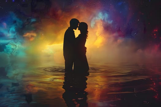 Man and woman embracing in surreal, colorful liquid fantasy dreamscape. Neural network generated image. Not based on any actual person or scene.