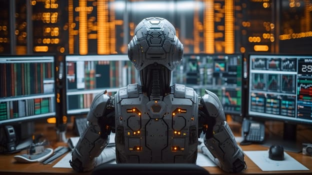Back view of a financial analyst day trader robot working on computer with many screens that shows real-time stock data. Neural network generated image. Not based on any actual scene or pattern.
