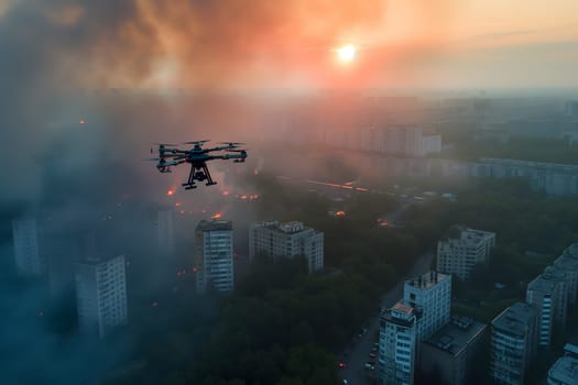 Copter drone over burning city at sunset or sunrise. Neural network generated image. Not based on any actual scene or pattern.