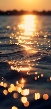 Sunset bokeh on water: golden sky over a body of water, with the light reflecting and creating a bokeh effect.. Neural network generated image. Not based on any actual scene or pattern.