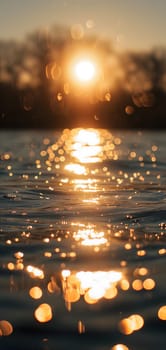 Sunset bokeh on water: golden sky over a body of water, with the light reflecting and creating a bokeh effect.. Neural network generated image. Not based on any actual scene or pattern.