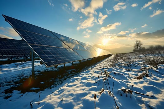 Photovoltaic solar panels in the field at winter sunset or sunrise. Neural network generated in January 2024. Not based on any actual scene or pattern.