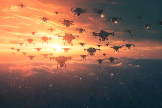 Swarm of drones over city at summer morning. Neural network generated image. Not based on any actual scene or pattern.