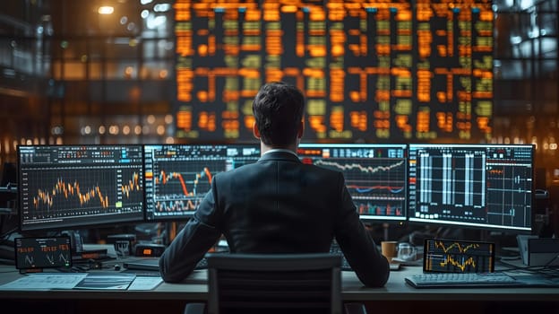 Back view of a financial analyst day trader working on computer with many screens that shows real-time stock data. Neural network generated image. Not based on any actual scene or pattern.