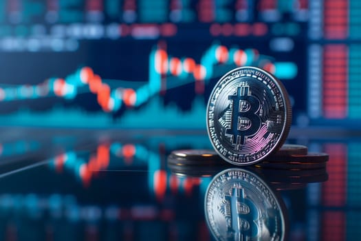 Bitcoin shiner in front of blurry trading charts screen. Dark appearance. Neural network generated image. Not based on any actual scene or pattern.