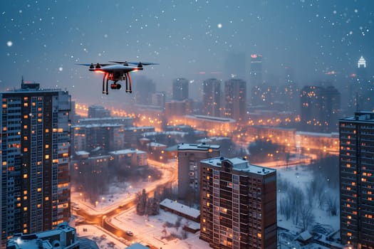 Flying drone above the city at snowy winter night. Neural network generated image. Not based on any actual scene or pattern.