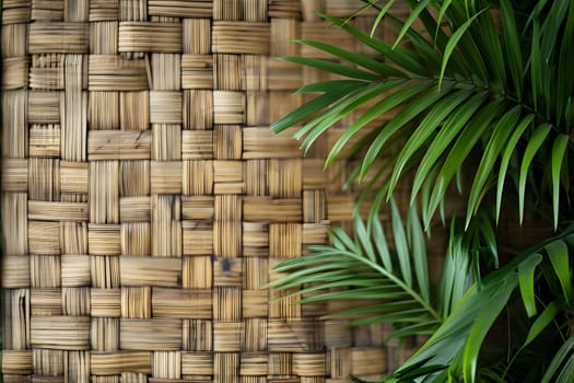wicker bamboo wall background with green leaves. Neural network generated image. Not based on any actual scene or pattern.