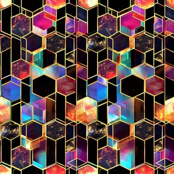 Seamless texture and full-frame background of colorful glass mosaic honeycomb hexagonal tiles. Neural network generated image. Not based on any actual scene or pattern.