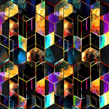 Seamless texture and full-frame background of colorful glass mosaic triangular tiles. Neural network generated image. Not based on any actual scene or pattern.
