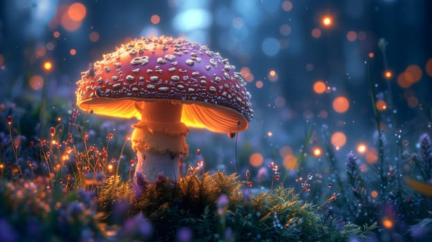 Magical mushroom in fantasy enchanted fairy tale forest. Neural network generated in January 2024. Not based on any actual scene or pattern.