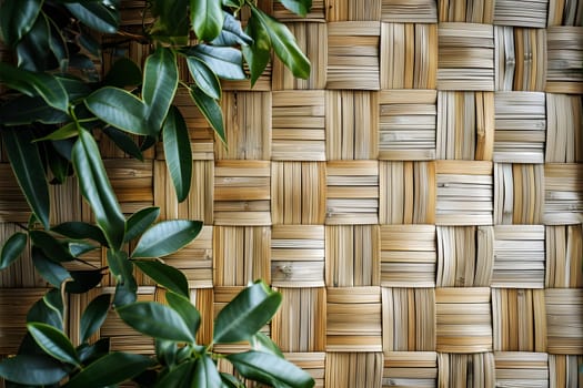 wicker bamboo wall background with green leaves. Neural network generated image. Not based on any actual scene or pattern.