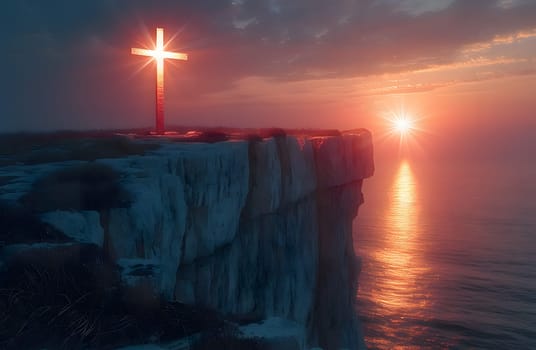 Ash wednesday, A cross located on a cliff near the sea, The evening sky near dusk is colorful and beautiful, Generative Ai