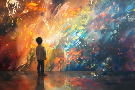 World autism awareness day, Images of children with autism holding their energy standing and looking at the colorful wall exploded in abundance, generative ai