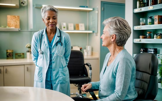 An adult woman in her 60s discusses her health with a female doctor in a medical clinic office  both appear engaged and at ease during the consultation.